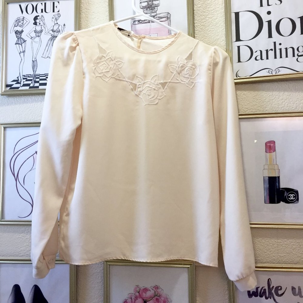 Vintage Cream Lace Romantic Rose Blouse